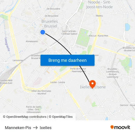 Manneken-Pis to Ixelles map