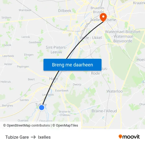 Tubize Gare to Ixelles map