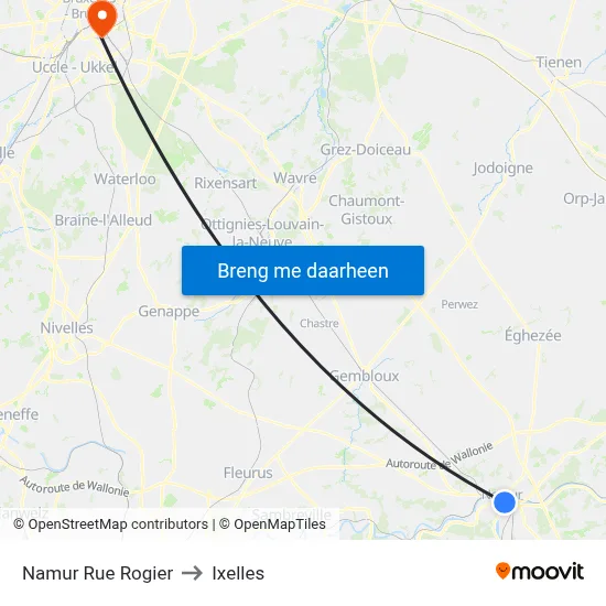 Namur Rue Rogier to Ixelles map