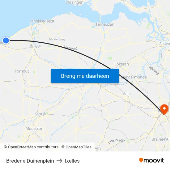 Bredene Duinenplein to Ixelles map