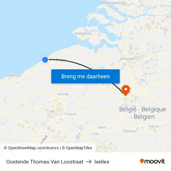 Oostende Thomas Van Loostraat to Ixelles map