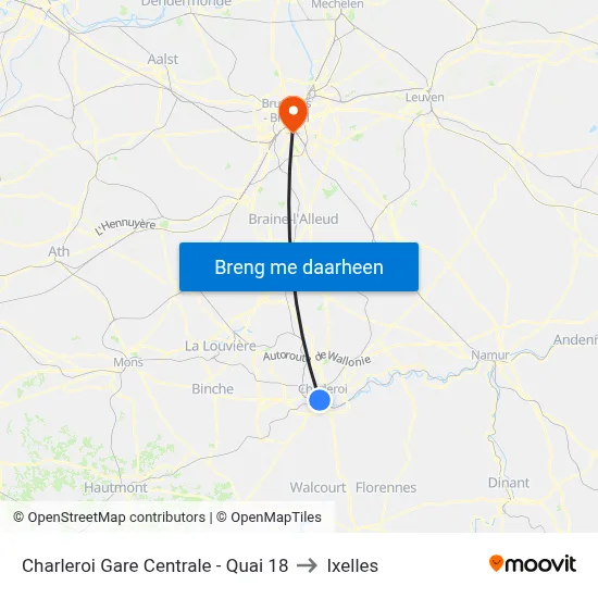 Charleroi Gare Centrale - Quai 18 to Ixelles map