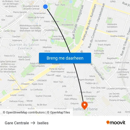 Gare Centrale to Ixelles map