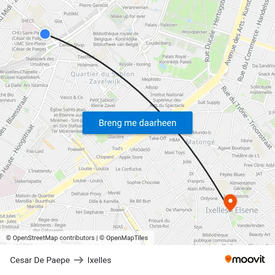 Cesar De Paepe to Ixelles map