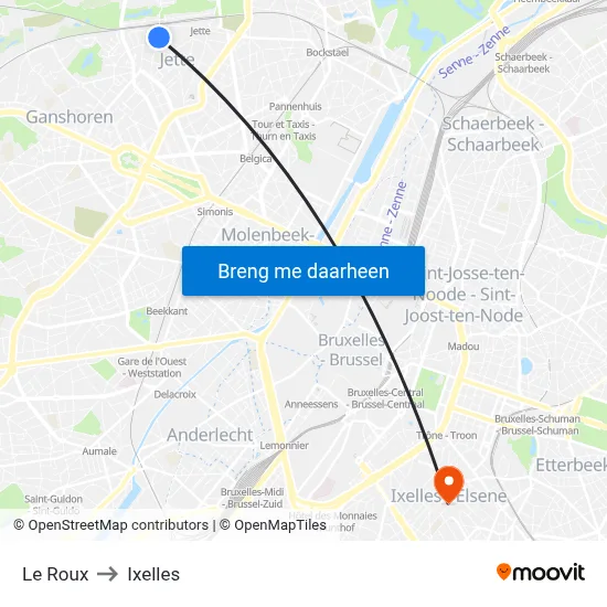 Le Roux to Ixelles map