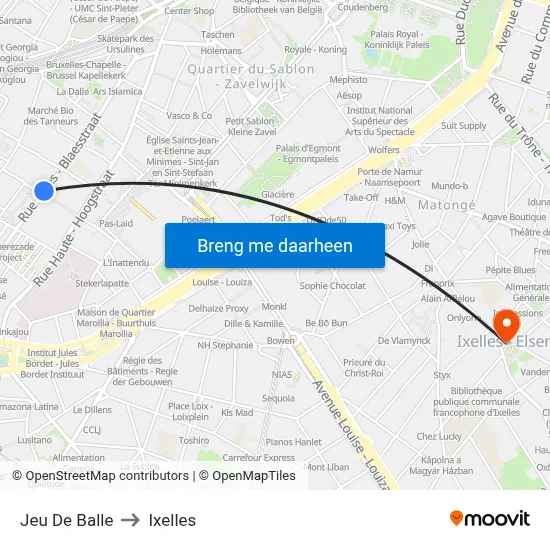 Jeu De Balle to Ixelles map