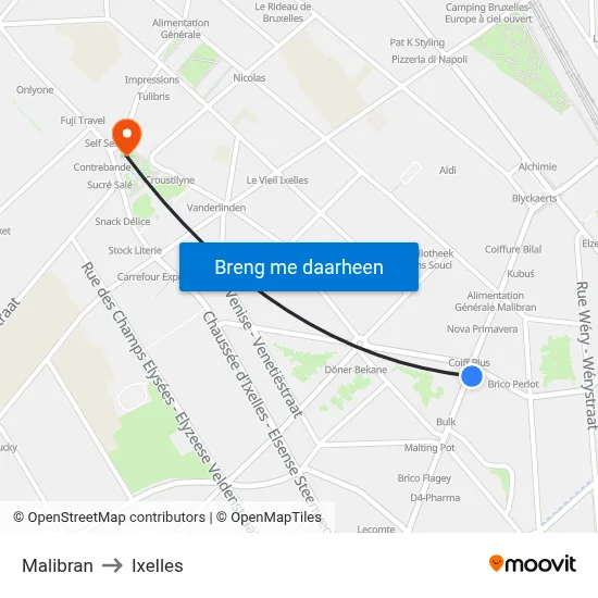 Malibran to Ixelles map