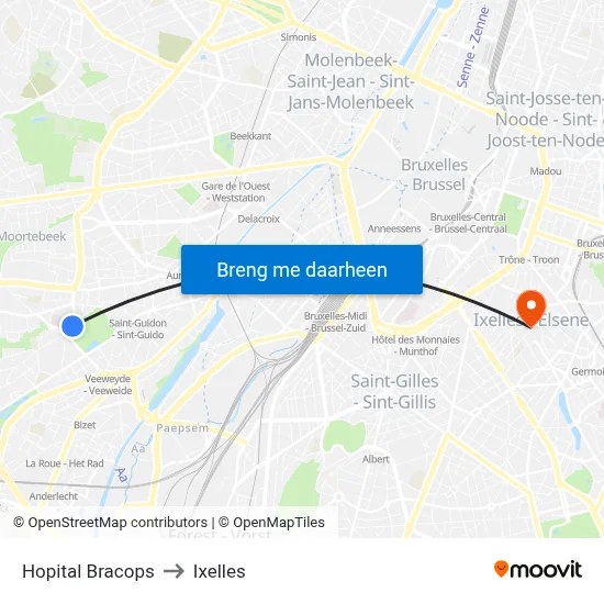 Hopital Bracops to Ixelles map