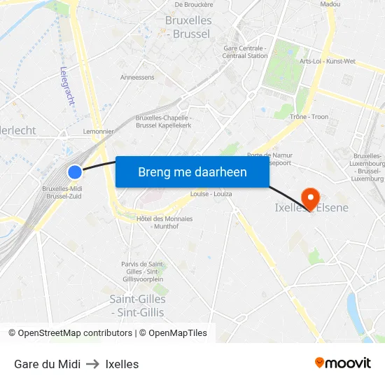 Gare du Midi to Ixelles map