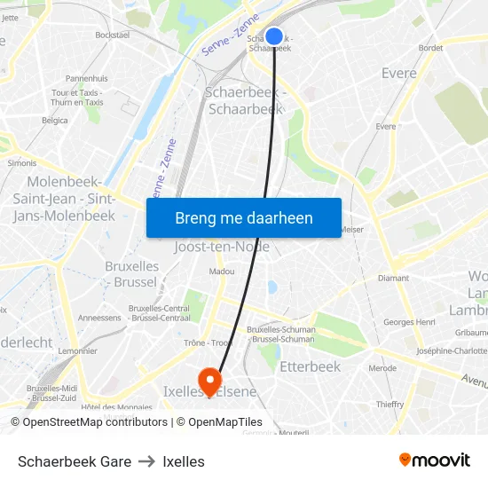 Schaerbeek Gare to Ixelles map