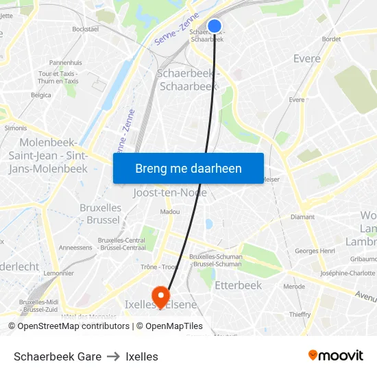 Schaerbeek Gare to Ixelles map