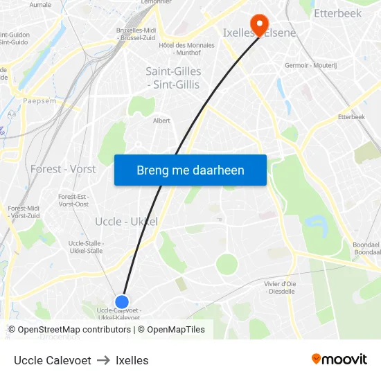 Uccle Calevoet to Ixelles map