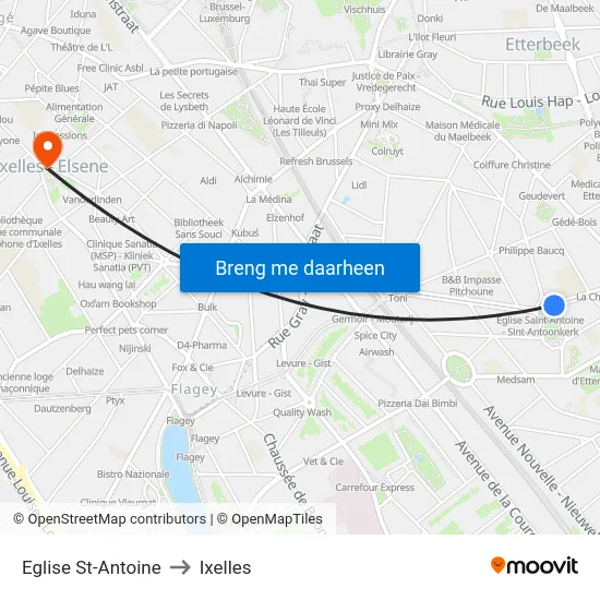 Eglise St-Antoine to Ixelles map