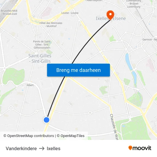 Vanderkindere to Ixelles map