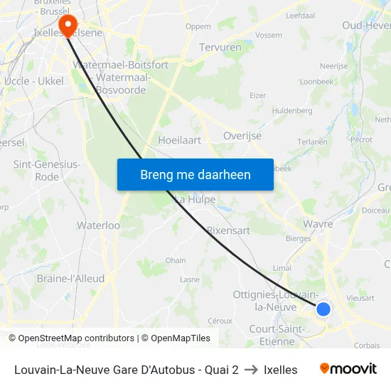 Louvain-La-Neuve Gare D'Autobus - Quai 2 to Ixelles map