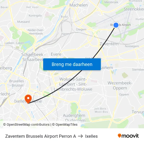 Zaventem Brussels Airport Perron A to Ixelles map