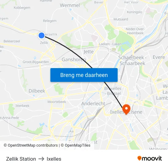 Zellik Station to Ixelles map