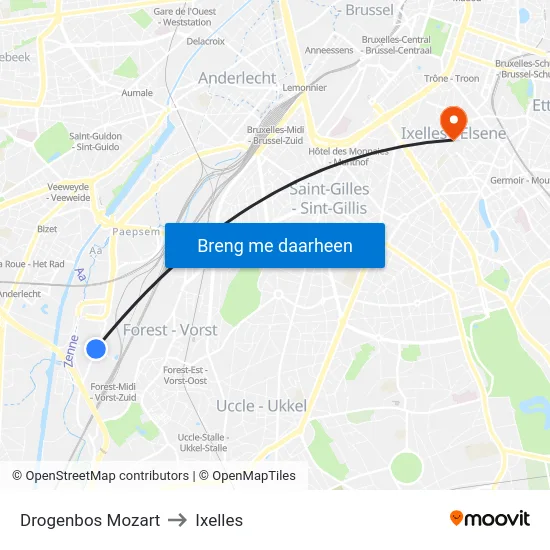 Drogenbos Mozart to Ixelles map