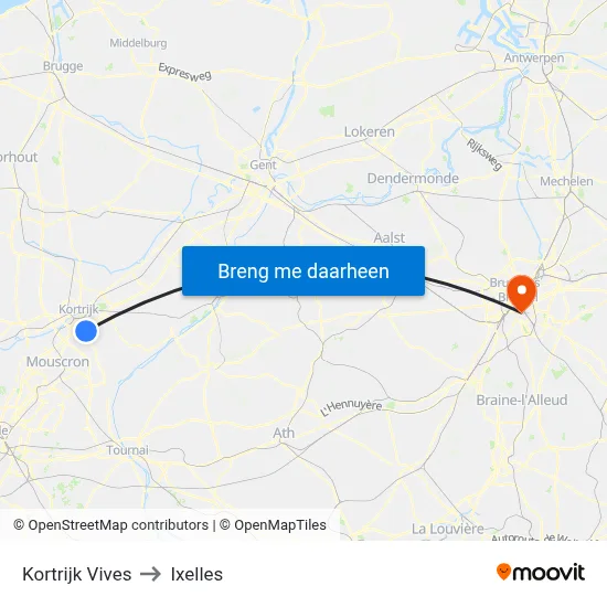 Kortrijk Vives to Ixelles map