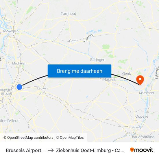 Brussels Airport-Zaventem to Ziekenhuis Oost-Limburg - Campus Sint-Barbara map