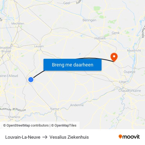 Louvain-La-Neuve to Vesalius Ziekenhuis map