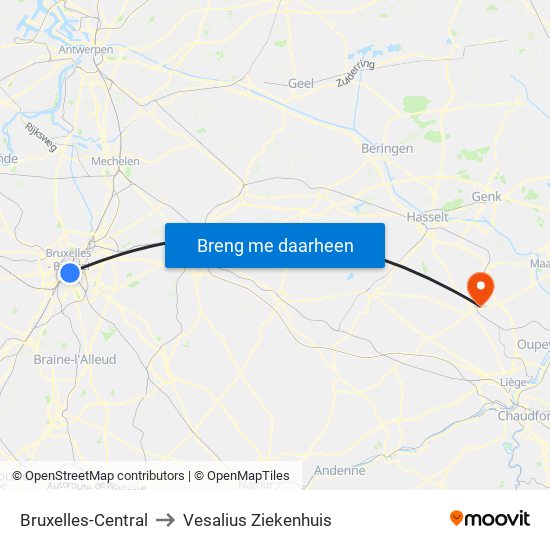 Bruxelles-Central to Vesalius Ziekenhuis map