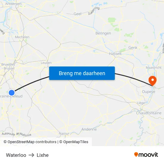 Waterloo to Lixhe map
