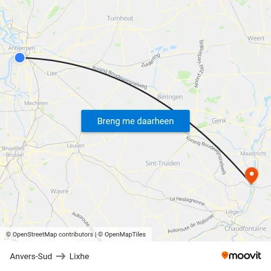 Anvers-Sud to Lixhe map