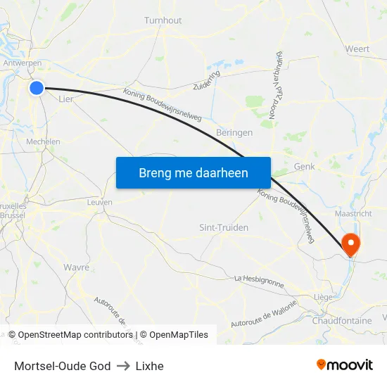 Mortsel-Oude God to Lixhe map