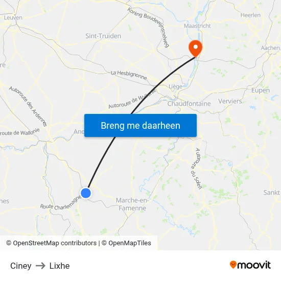 Ciney to Lixhe map