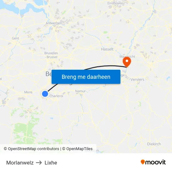 Morlanwelz to Lixhe map