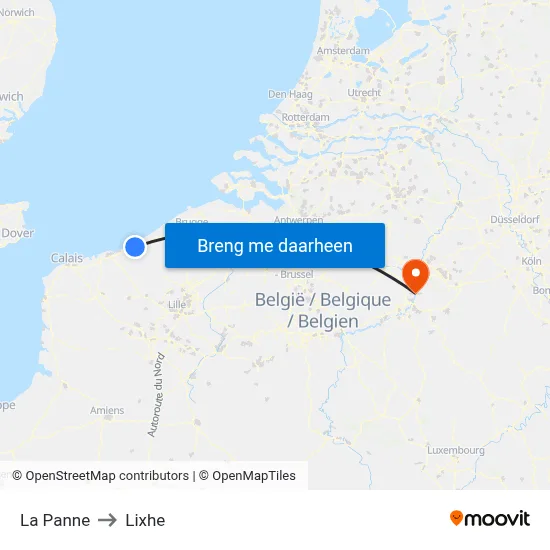 La Panne to Lixhe map