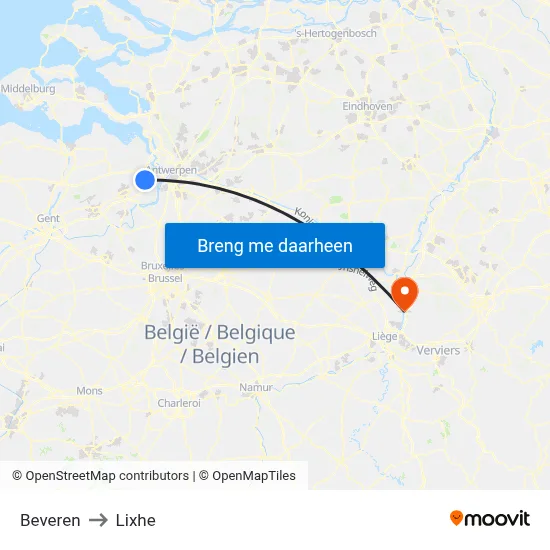 Beveren to Lixhe map