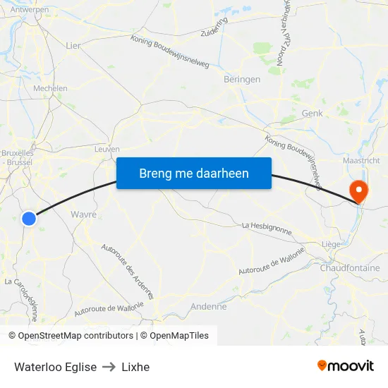 Waterloo Eglise to Lixhe map