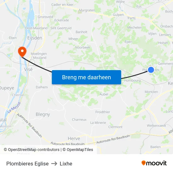 Plombieres Eglise to Lixhe map