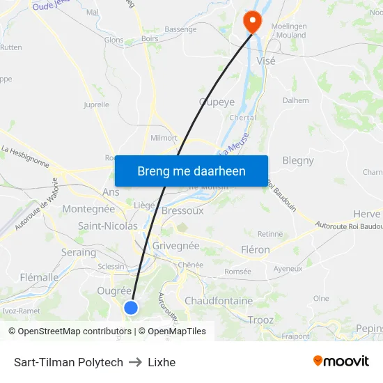 Sart-Tilman Polytech to Lixhe map