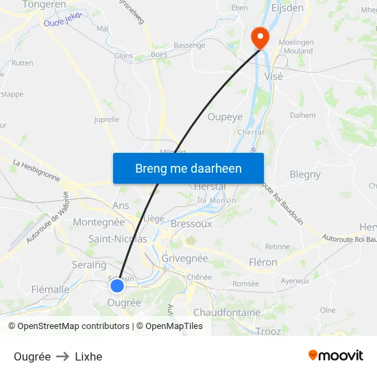 Ougrée to Lixhe map