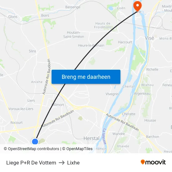 Liege P+R De Vottem to Lixhe map
