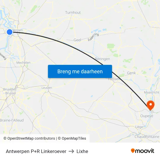 Antwerpen P+R Linkeroever to Lixhe map