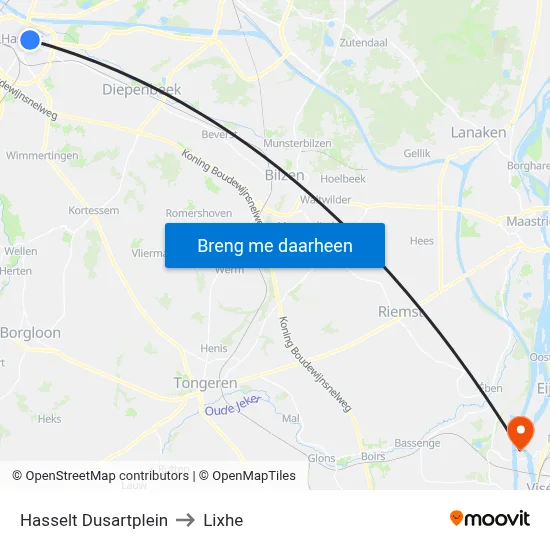 Hasselt Dusartplein to Lixhe map