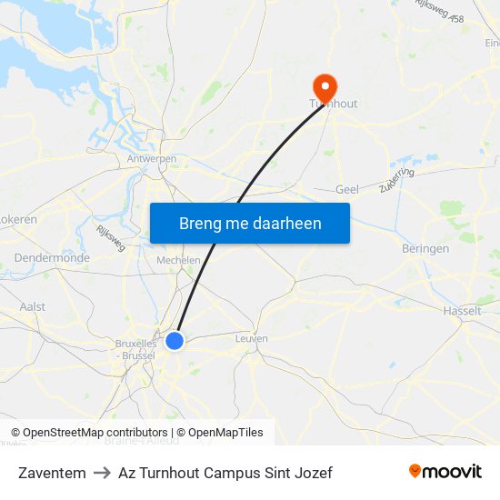 Zaventem to Az Turnhout Campus Sint Jozef map