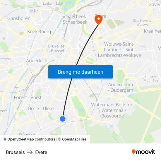 Brussels to Evere map