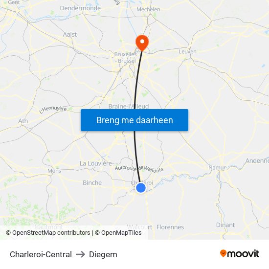 Charleroi-Central to Diegem map