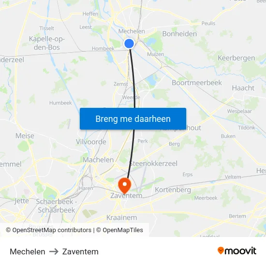 Mechelen to Zaventem map
