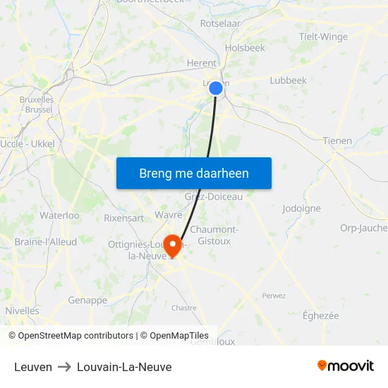 Leuven to Louvain-La-Neuve map