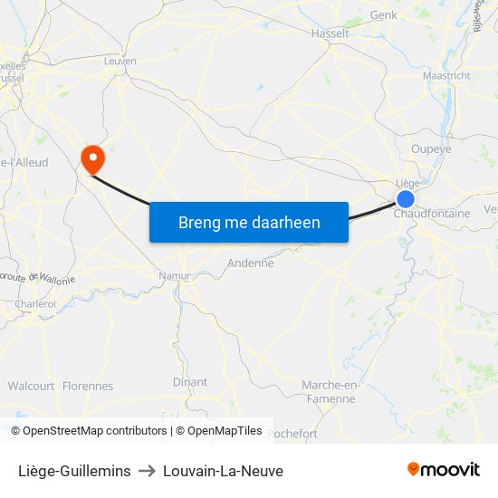 Liège-Guillemins to Louvain-La-Neuve map