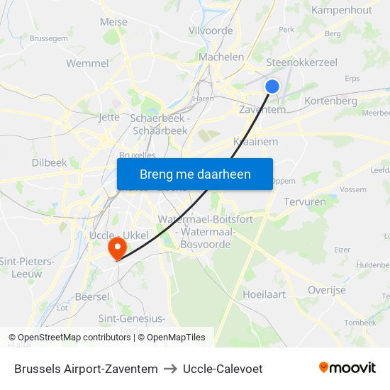 Brussels Airport-Zaventem to Uccle-Calevoet map