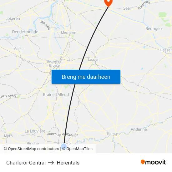 Charleroi-Central to Herentals map