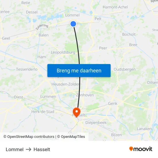 Lommel to Hasselt map
