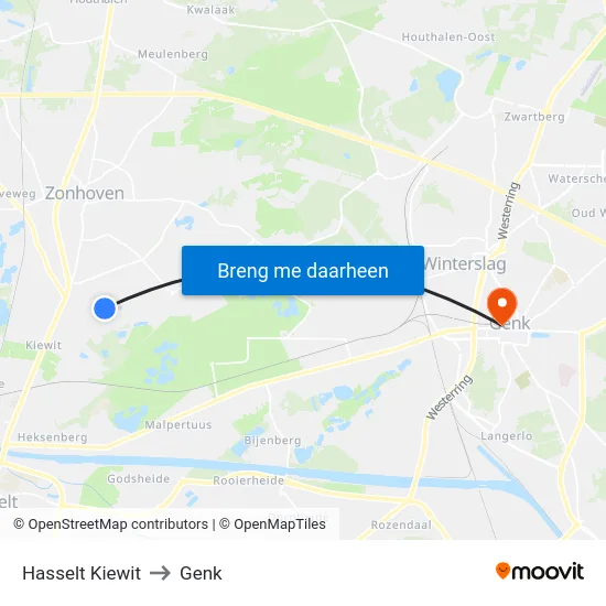 Hasselt Kiewit to Genk map